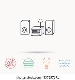 Music center icon. Stereo system sign. Global connect network, ocean wave and burger icons. Lightbulb lamp symbol.