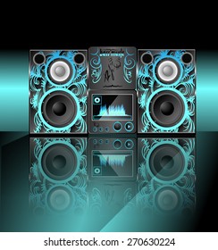 music center with a pattern on the panel with a mirror image, with a blue background
