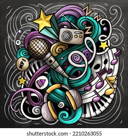 Music chalkboard vector doodles illustration. Musical poster design. Sound elements and objects cartoon background. Bright colors funny picture. All items are separated