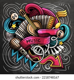 Ilustración de doodles vectoriales de pizarra de música. Diseño de afiches musicales. Fondo de dibujos animados de objetos y elementos de sonido. Colores brillantes, imagen graciosa. Todos los elementos están separados