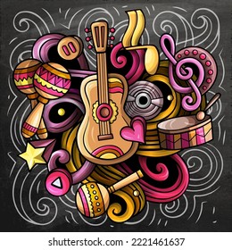 Music chalkboard vector doodles illustration. Musical poster design. Sound elements and objects cartoon background. Bright colors funny picture. All items are separated