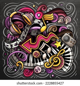 Music chalkboard vector doodles illustration. Musical poster design. Sound elements and objects cartoon background. Bright colors funny picture. All items are separated