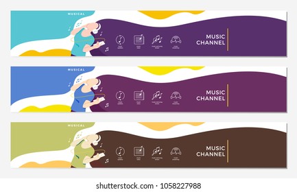 Music Channel Youtube Cover With Girl Hearing Headphone Illustration Flat Vector Banner Background
