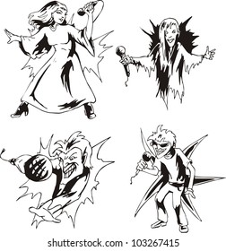 Music characters. Set of black and white vector illustrations.