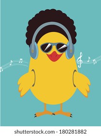 The music chicken cartoon over blue background vector illustration
