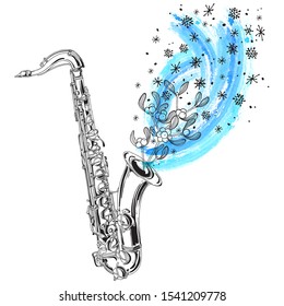 Music for Christmas. Vector illustration with traditional christmas symbols. Line art and watercolor element on a white background.
