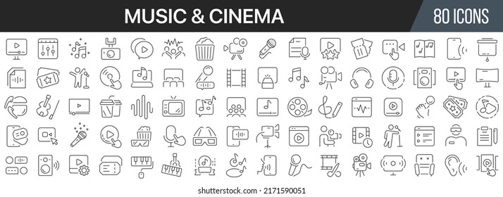 Music and cinema line icons collection. Big UI icon set in a flat design. Thin outline icons pack. Vector illustration EPS10