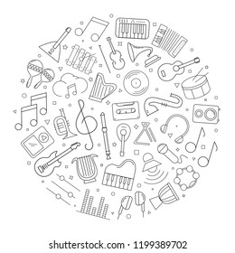 Music circle background from line icon. Linear vector pattern. Vector illustration