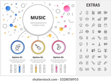 Music circle infographic template, elements and icons. Infograph includes customizable bar charts, line icon set with musical instruments, music notes, mic, smartphone with mobile application etc.