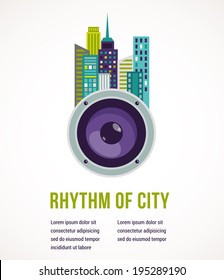 Music and city - amplifier and buildings landscape background