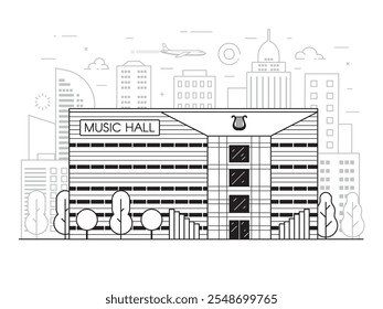 Rathausgebäude mit Musik auf städtischem Hintergrund. Moderne philharmonische Orchester Linie Kunst Illustration. Urbane Szene mit Konzertsaal und Wolkenkratzern.