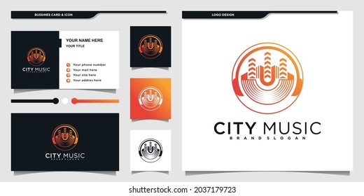 Music city logo design inspiration with modern circular line art shape and business card Premium Vector
