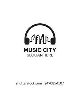 Music city logo template in simple style. Building and headphone vector illustration