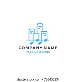 Music City Skyline Building Notes Landscape Melody Logo Template Vector Illustration