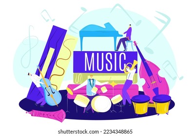 Music class concept, vector illustration. Cartoon education, study how to play musical instrument, learning at creative school class.