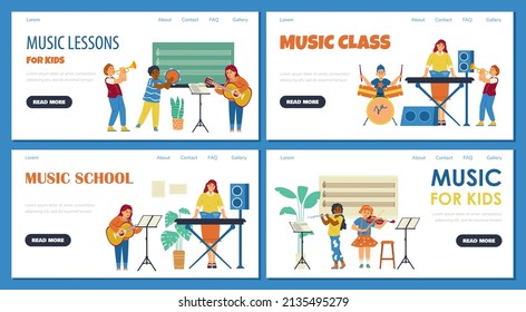 Music class for kids, cartoon vector illustration. Online music lessons for children, website banner. Black and white kids learning how to play musical instruments: guitar, violin, drums and flute.