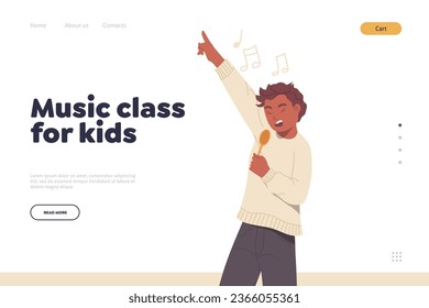 Music class for kids online service landing page design template with happy boy singing at home