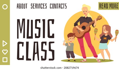 Music Class For Kids Website Banner Interface With Teacher And Pupils Characters, Flat Vector Illustration. Webpage Template For Children Music Classes And School.