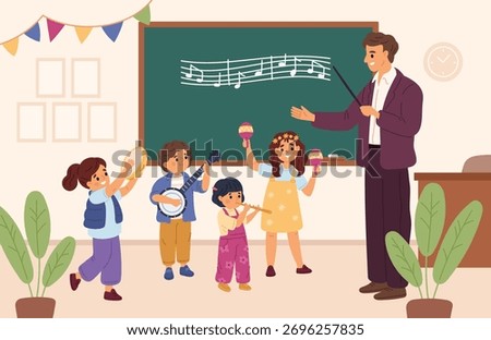 Music class learning. Students with musical instruments in teacher front, kids education, talented children in school, art subject cartoon flat style isolated illustration, garish vector background