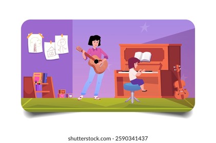 Music class learning vector flat illustration. Cartoon girl playing on piano. Woman teacher with guitar teaches child in classroom interior. Elementary school or kindergarten kids musical education