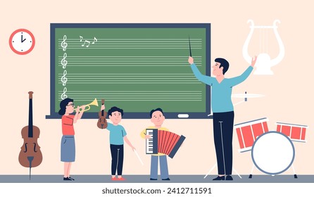 Music class for little children. Cute kids play musical instruments with teacher. Creativity development, elementary school elective, recent vector scene