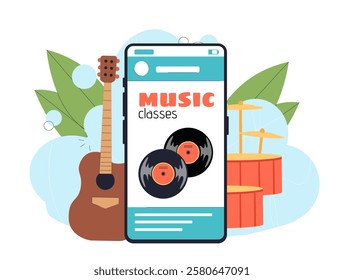 Music class online. Smartphone near guitar and drums. Virtual music learning and training. Hobby and leisure. Musician workshop. Rehearsal on internet. Flat vector illustration