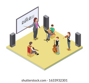 Music Class. School Orchestra Lesson Vector Concept. Isometric Music Lesson In Children