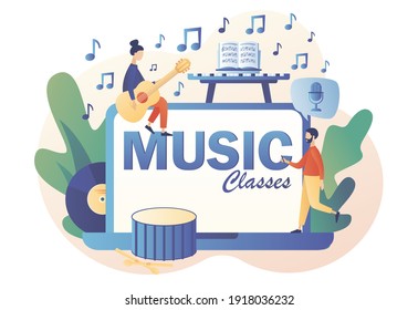 Music class - text on laptop screen. Online education. Vocal lessons. Tiny musicians with music notebook, microphone, guitar, keyboard, drum. Modern flat cartoon style. Vector illustration 