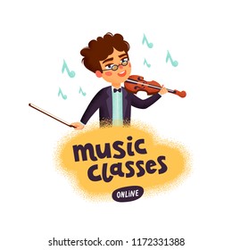 Music classes concept. Violinist. Boy character playing violin. Children with musical instruments. Vector flat cartoon illustration with grain texture on white background