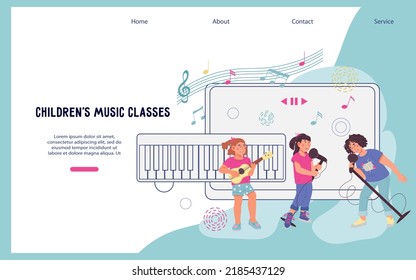 Music classes website banner template, cartoon flat vector illustration. Happy friendly kids playing musical instrument. Children music education concept for webpage.