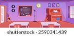 Music classroom interior vector flat illustration. Cartoon cabinet with furniture and musical instruments. School room with vintage piano, guitar, violin, blackboard with major notes, microphone