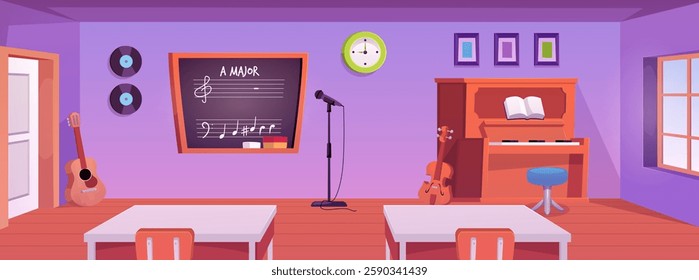 Music classroom interior vector flat illustration. Cartoon cabinet with furniture and musical instruments. School room with vintage piano, guitar, violin, blackboard with major notes, microphone