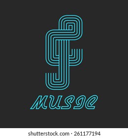 Music clef logo, line style note melody icon, blue neon musical emblem print t-shirt mockup