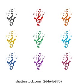 Music clef and notes icon isolated on white background. Set icons colorful