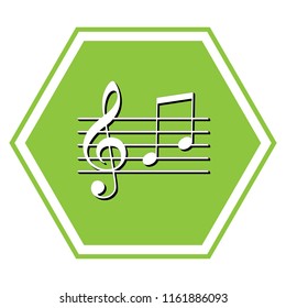 Music clef sign. G-clef and notes G, H. Vector. White icon with black shadow at yellow green honeycomb on white background.