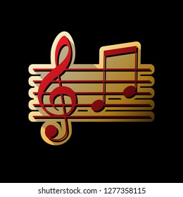 Music clef sign. G-clef and notes G, H. Vector. Red icon with small black and limitless shadows at golden sticker on black background.
