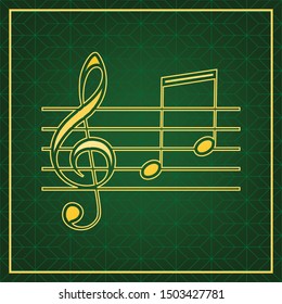 Music clef sign. G-clef and notes. Golden icon with gold contour at dark green gridded background. Illustration.