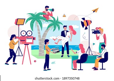 Music clip production, flat vector illustration. Camera crew shooting clip with happy couple on beach. Videography, short video film making, movie production.