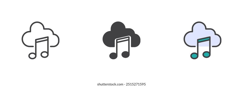 Music cloud different style icon set. Line, glyph and filled outline colorful version, outline and filled vector sign. Media cloud storage symbol, logo illustration. Vector graphics