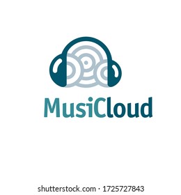 Concepto del logotipo de la nube musical. Forma de nube, ondas de sonido y elementos de auriculares. Adecuado para servicios de streaming de música en línea, etc., vector EPS editable