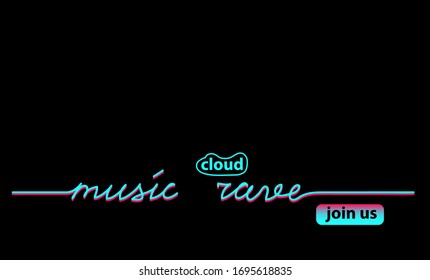 Music cloud rave black web banner, background with pink and blue colors. Lettering Online concert and join button. Minimalist black background