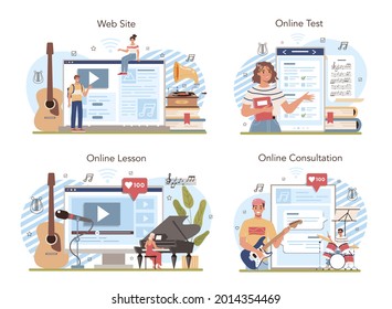 Music club or class online service or platform set. Students learn to play music. Young musician playing musical instruments. Online lesson, test, consultation, website. Flat vector illustration