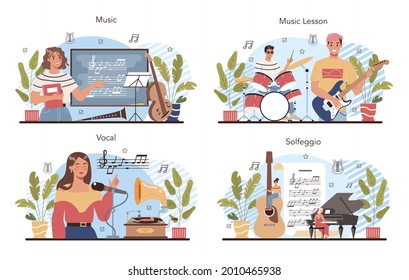 Music club or class set. Students learn to play music. Young musician playing musical instruments. Vocal and salfeggio lesson. Flat vector illustration