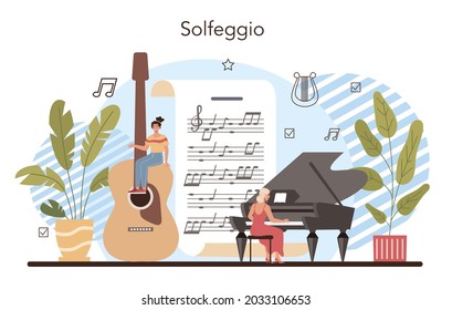Music club or class. Students learn to play music. Young musician playing musical instruments. Salfeggio lesson. Flat vector illustration