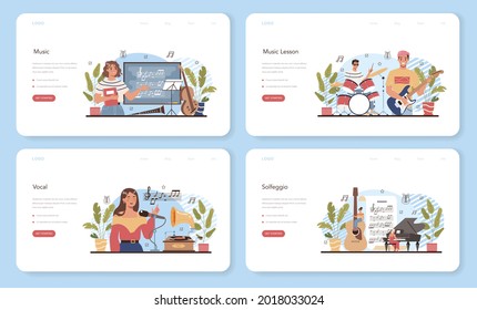 Music club or class web banner or landing page set. Students learn to play music. Young musician playing musical instruments. Vocal and salfeggio lesson. Flat vector illustration