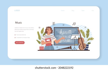 Music club or class web banner or landing page. Students learn to play music. Young musician playing musical instruments. Vocal and salfeggio lesson. Flat vector illustration