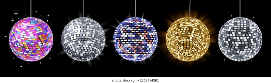 Bolas de discoteca del club de música. Espejo de bola para pista de baile, parrilla de plancha de plancha brillante conjunto de ilustraciones vectoriales 3D