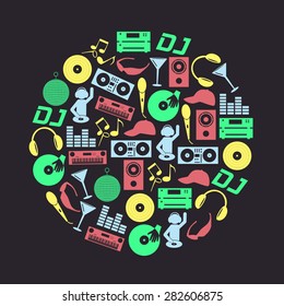 music club DJ color icons set in circle eps10