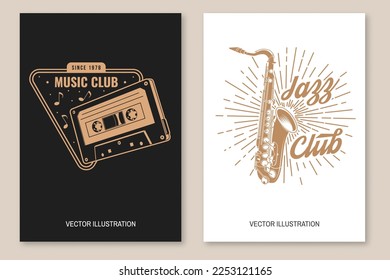 Logo des Musikclubs, Abzeichen, Label. Retro-Poster, Banner mit Saxophon, Tonkassettenband, Vintage-Typografie-Design für T-Shirt, Emblem, Logo, Badge-Design. Vektorgrafik. Hörgerät