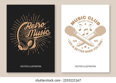 Music club logo, badge, label. Retro poster, banner with headphones, microphone, vintage typography design for t shirt, emblem, logo, badge design. Vector illustration. Equipment for listening and